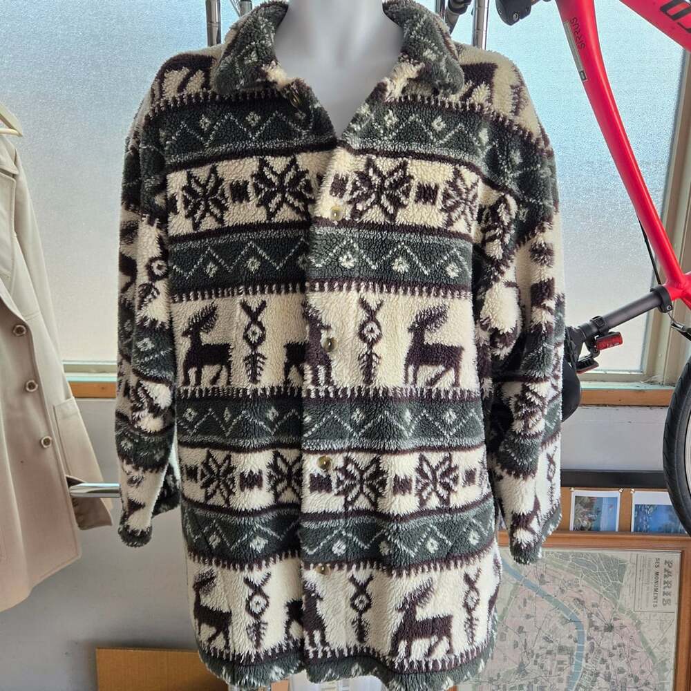 Unlimited Quest Clothing Fleece Jacket XL Deer Fair Isle Sherpa Cardigan